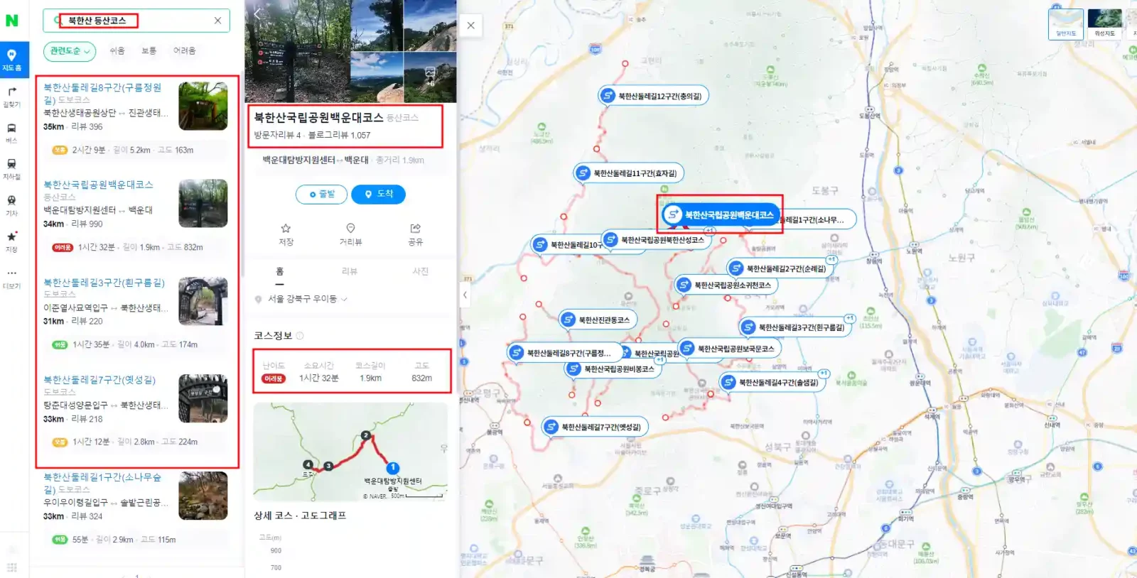 네이버 북한산 등산 코스 검색시 나오는 화면 소요시간, 길이, 고도 등 표시